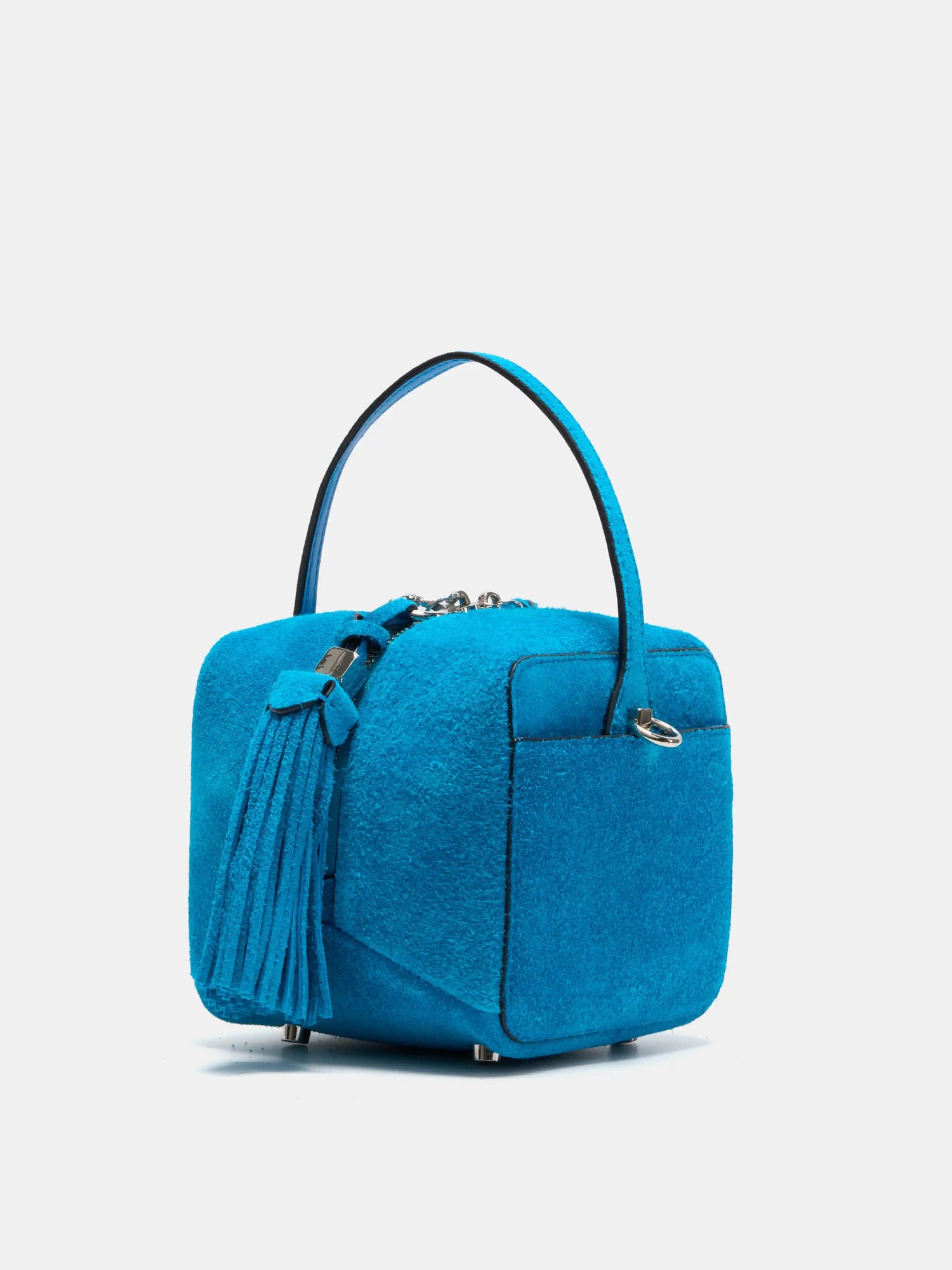 The Sugar Cube Tassel Box Bag · Klein Blue Suede