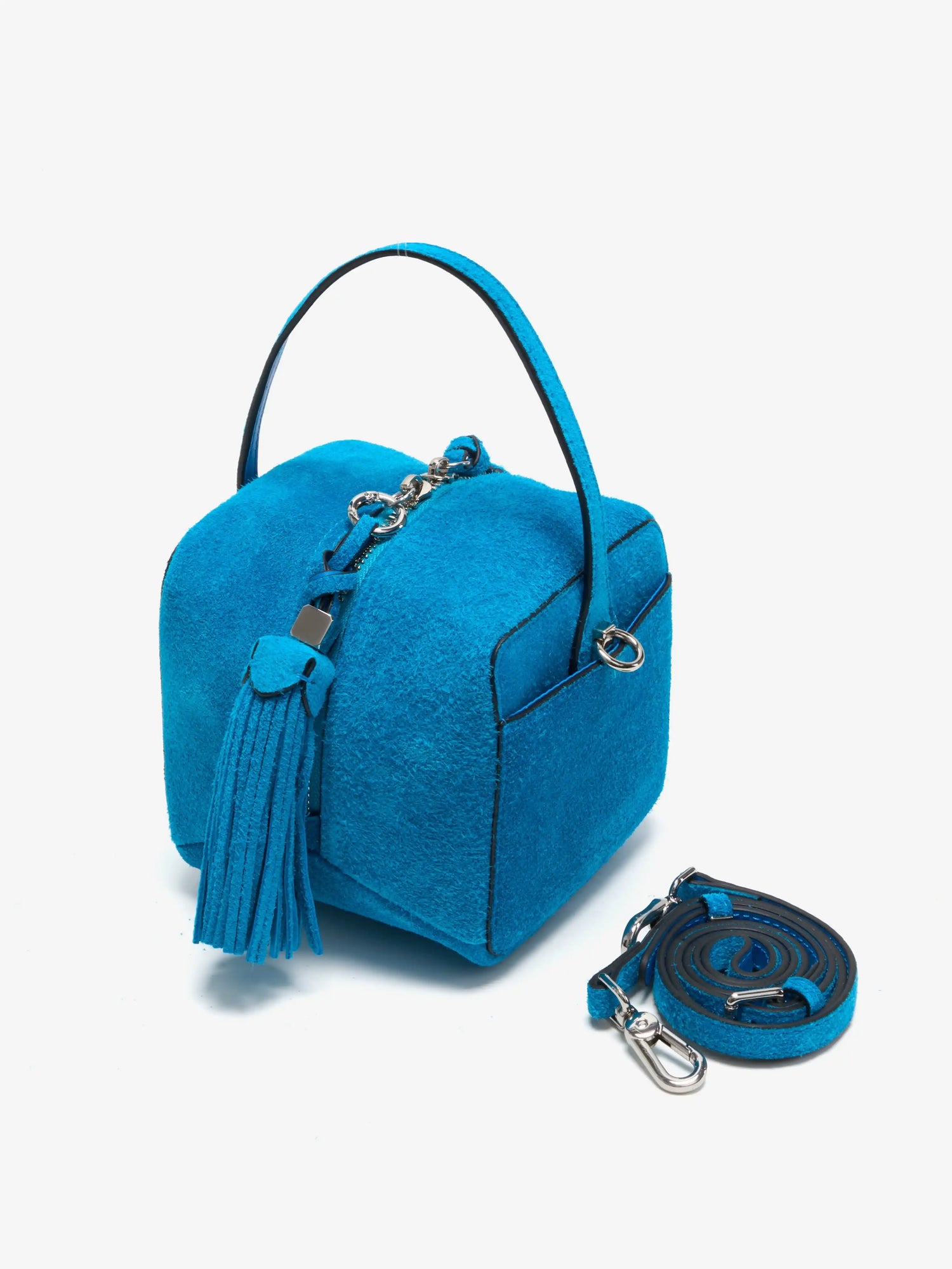 The Sugar Cube Tassel Box Bag · Klein Blue Suede
