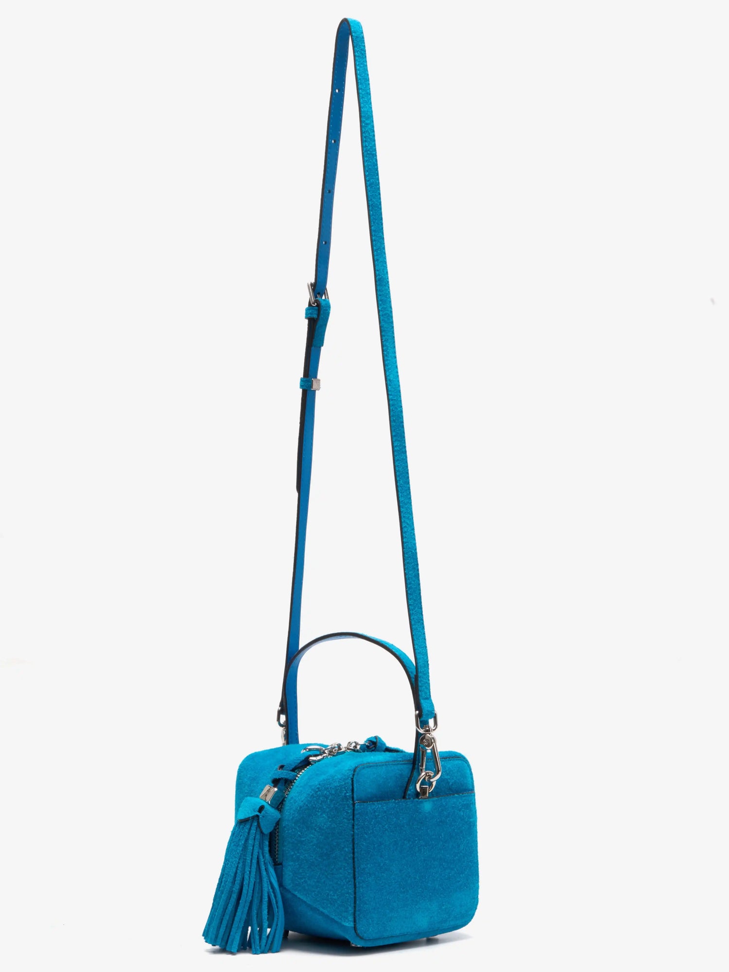 The Sugar Cube Tassel Box Bag · Klein Blue Suede