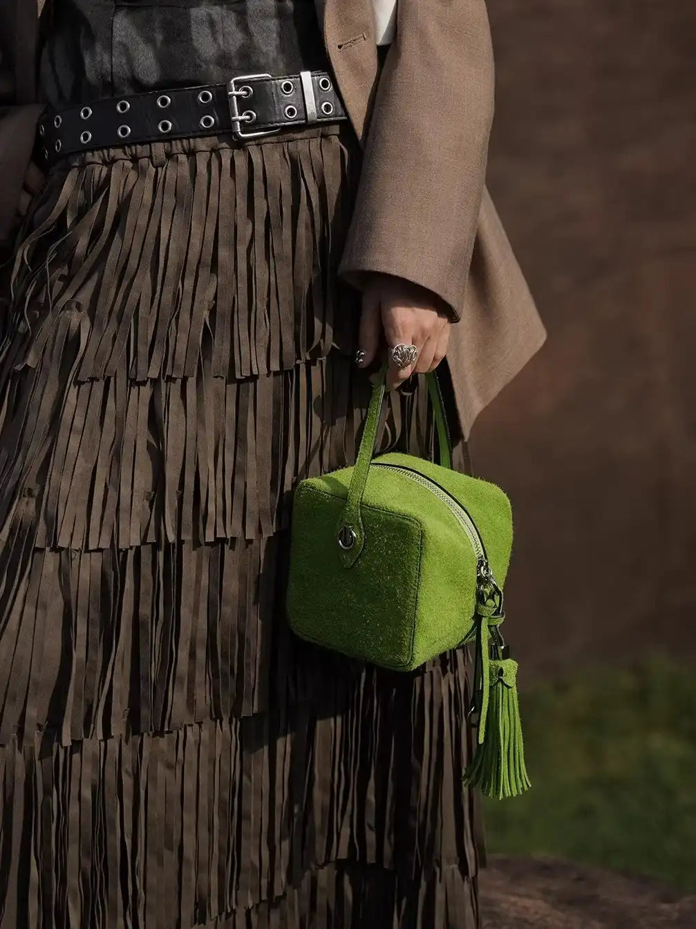 The Sugar Cube Tassel Box Bag · Matcha Green Suede