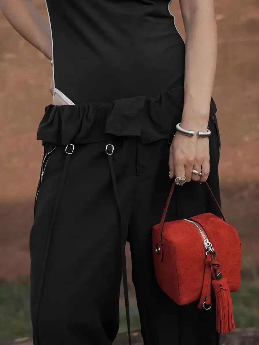 The Sugar Cube Tassel Box Bag · Chili Red Suede