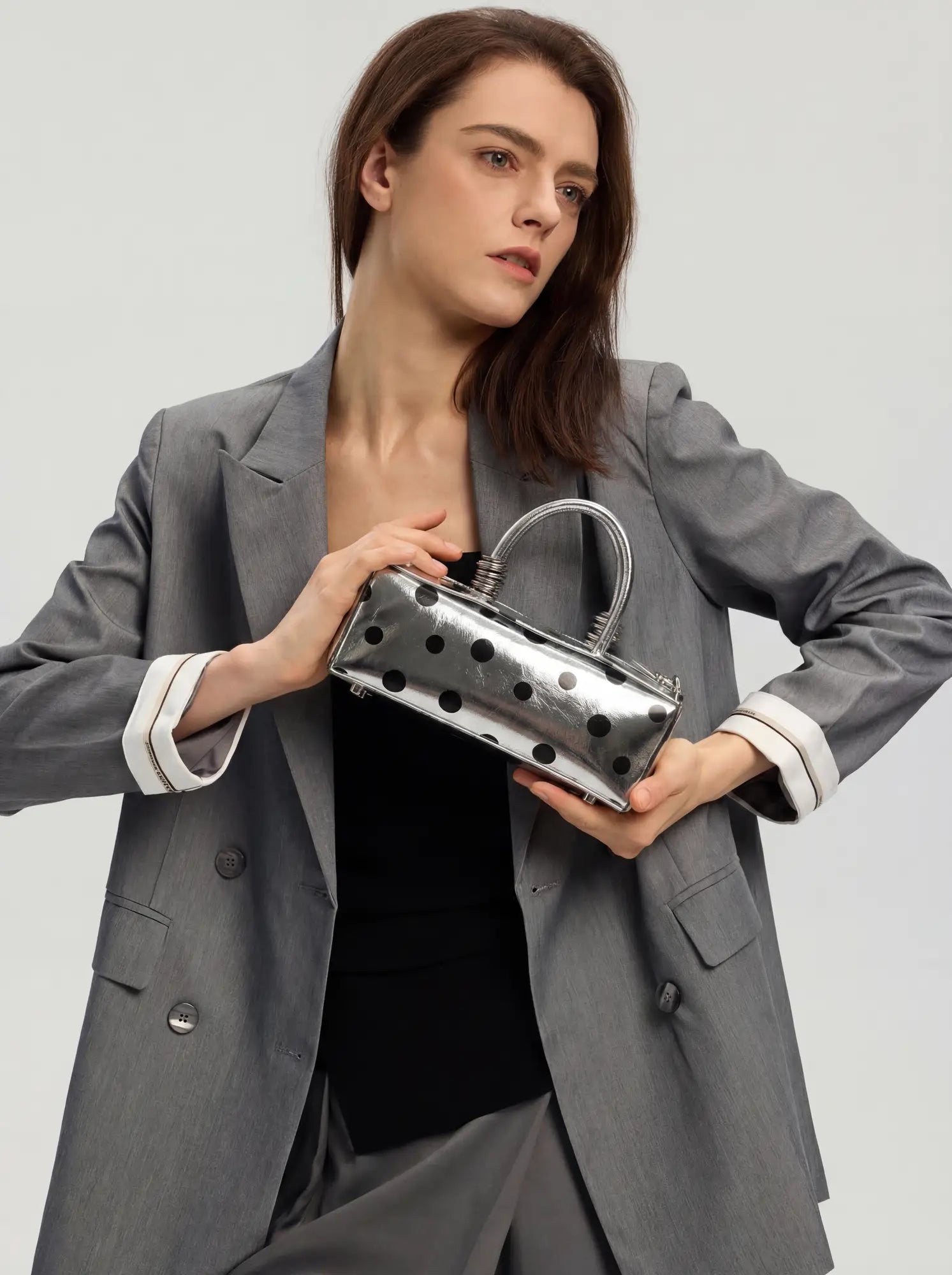 The Bar Structured Baguette · Silver Polka Dot Leather