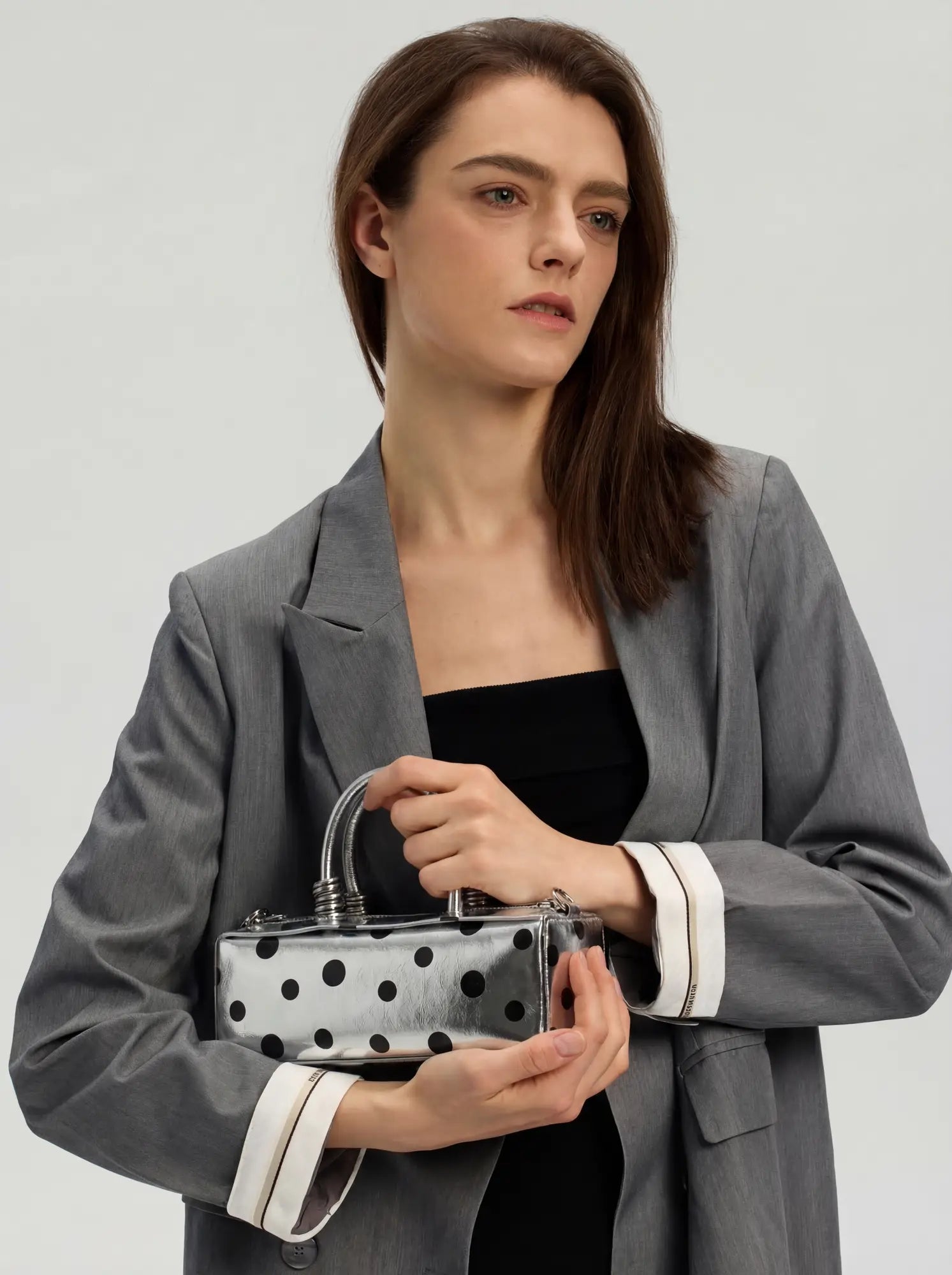 The Bar Structured Baguette · Silver Polka Dot Leather