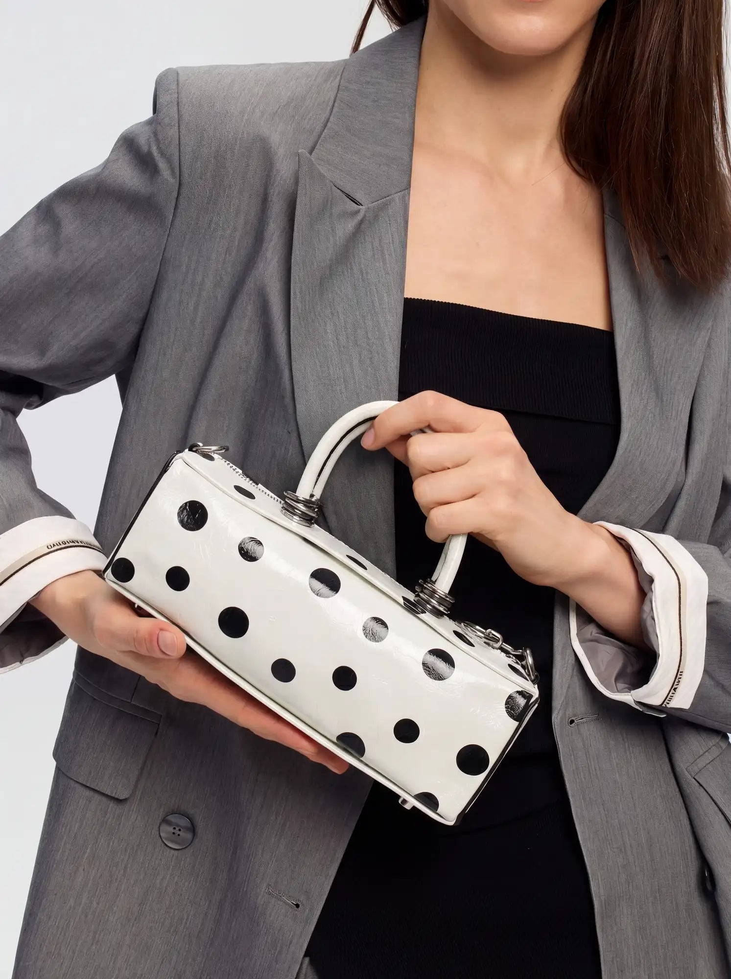 The Bar Structured Baguette · White Polka Dot Leather