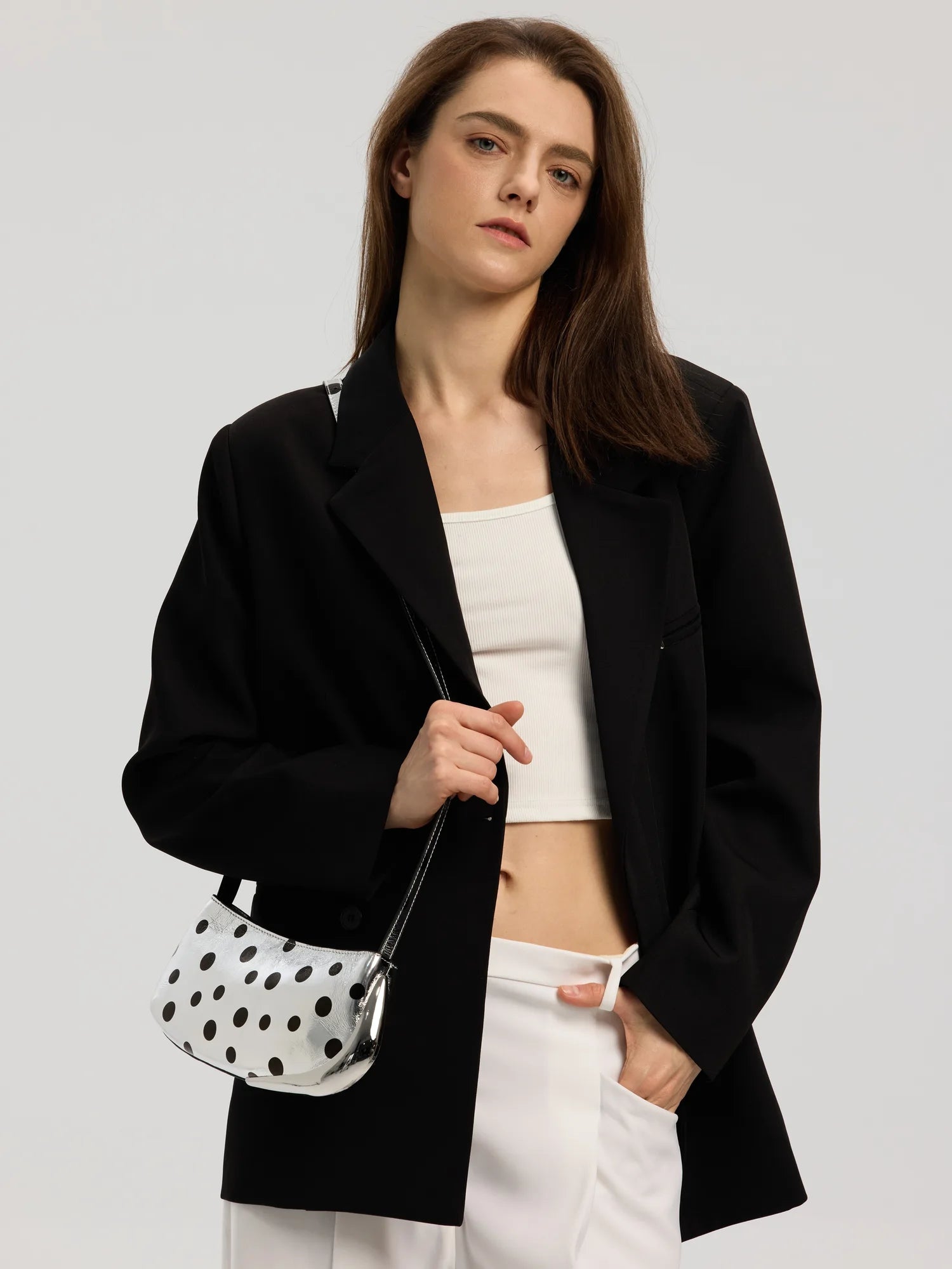 The Avant Metal-Corner Baguette · Silver Polka Dot Leather