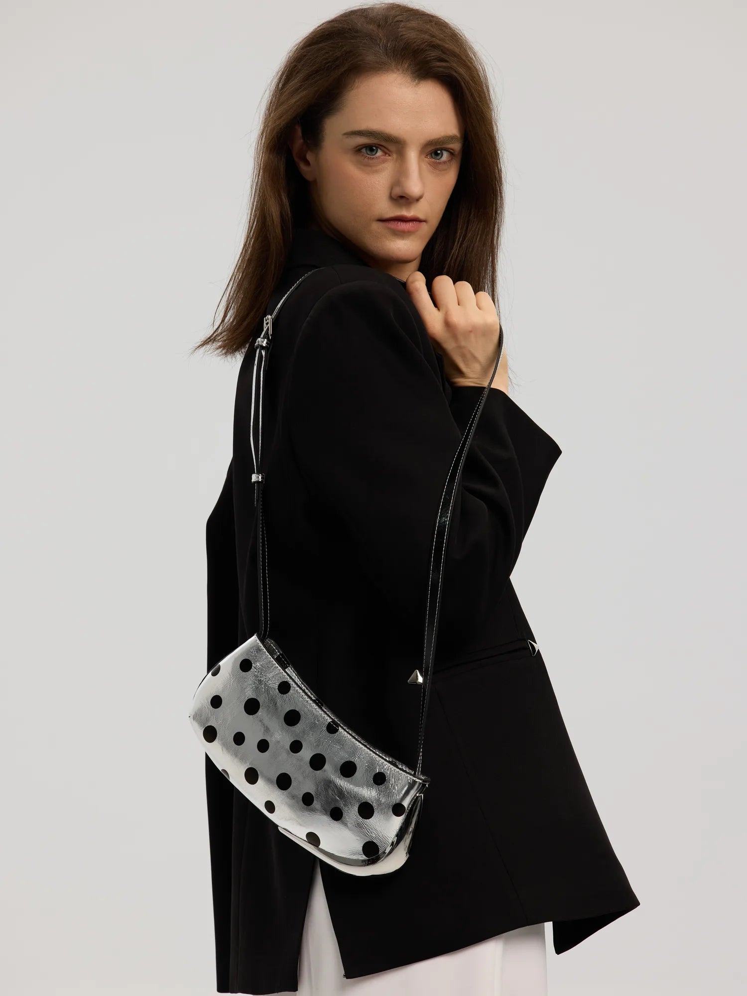 The Avant Metal-Corner Baguette · Silver Polka Dot Leather